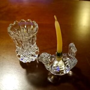 Vintage Glass Bird Hen Candle Holder & Mini Crystal Vase 1980's